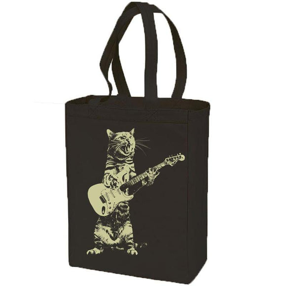Cat playing guitar- cotton canvas natural tote bag - Silvesse